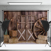Lofaris Vintage Western Barn Hay Wood Wheel Door Backdrop